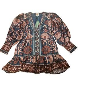 Farm Rio Dark Blue Floral Vines Mini Dress Long Sleeve V-Neck Size M NEW
